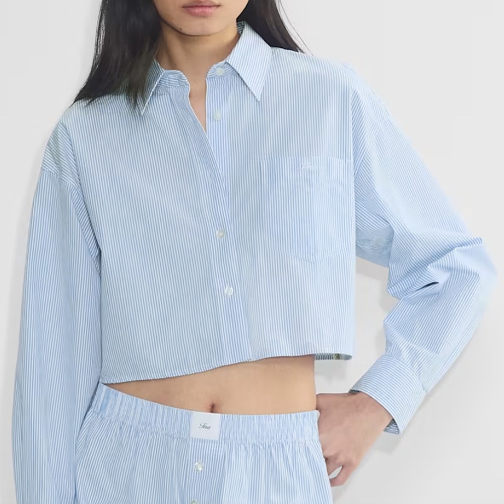 Aritzia TNA Fergie Poplin Cropped  Shirt. Periwinkle and white striped. sz 2xs